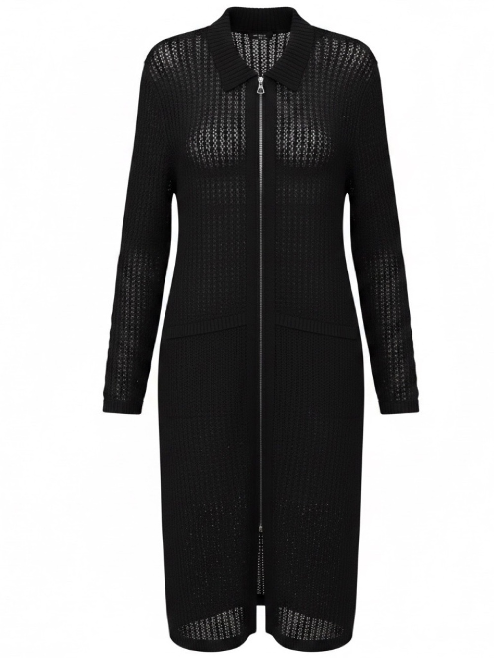 AKRIS BLACK ZIP FRONT LINEN AND WOOL KNIT CARDIGAN SWEATER